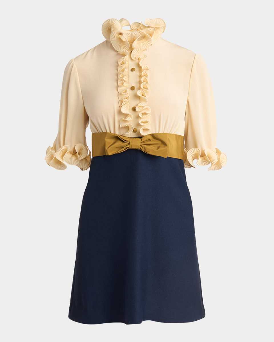 Colorblock High Neck Ruffle Mini Dress with Bow Detail